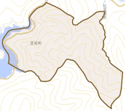 萱尾町とその周辺の地図。町の範囲を重ねている
