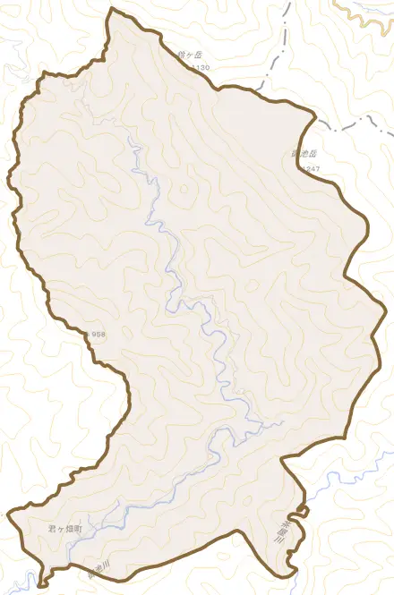 君ヶ畑町とその周辺の地図。町の範囲を重ねている