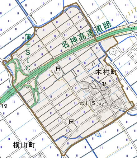 木村町とその周辺の地図。町の範囲を重ねている