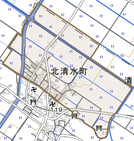 北清水町とその周辺の地図。町の範囲を重ねている