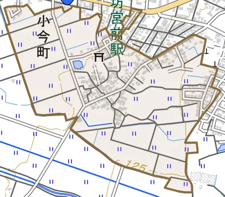 小今町とその周辺の地図。町の範囲を重ねている