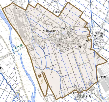 小田苅町とその周辺の地図。町の範囲を重ねている