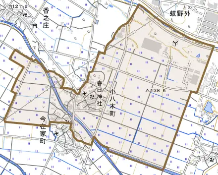 小八木町とその周辺の地図。町の範囲を重ねている