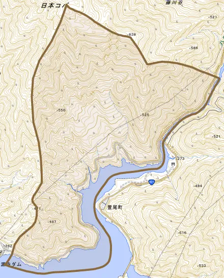 九居瀬町とその周辺の地図。町の範囲を重ねている