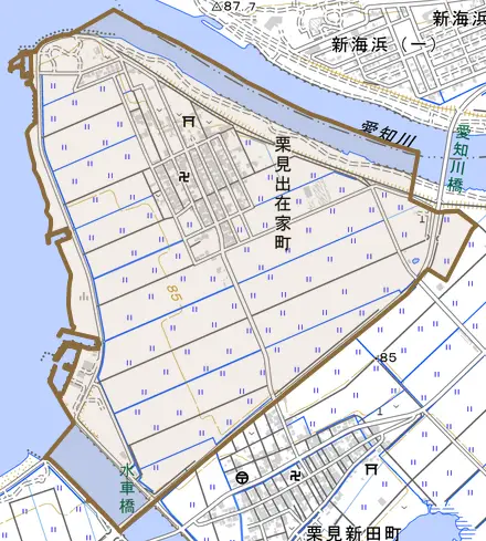 栗見出在家町とその周辺の地図。町の範囲を重ねている