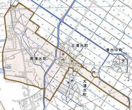 南清水町とその周辺の地図。町の範囲を重ねている