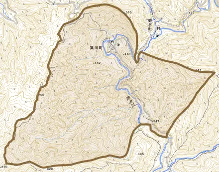 箕川町とその周辺の地図。町の範囲を重ねている