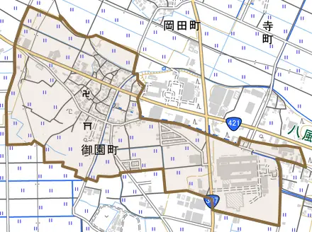 御園町とその周辺の地図。町の範囲を重ねている