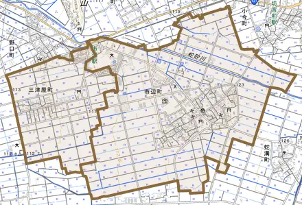 三津屋町とその周辺の地図。町の範囲を重ねている