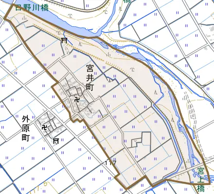 宮井町とその周辺の地図。町の範囲を重ねている