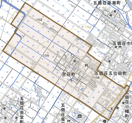宮荘町とその周辺の地図。町の範囲を重ねている
