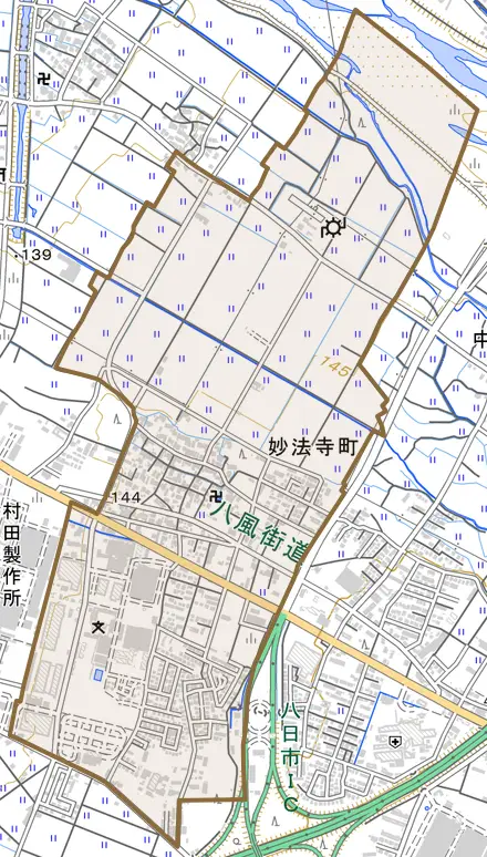 妙法寺町とその周辺の地図。町の範囲を重ねている