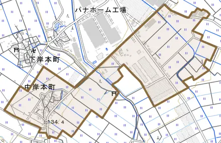 中岸本町とその周辺の地図。町の範囲を重ねている