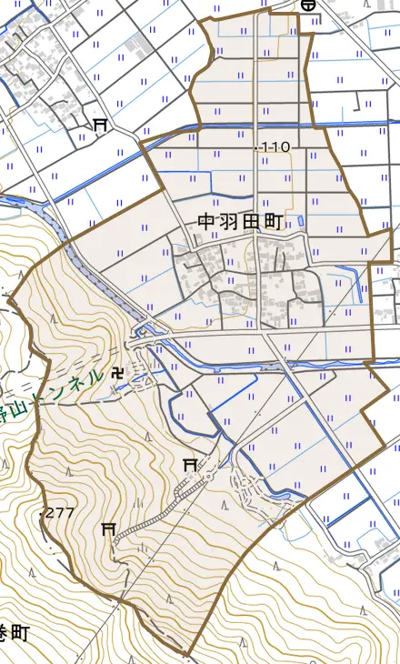 中羽田町とその周辺の地図。町の範囲を重ねている