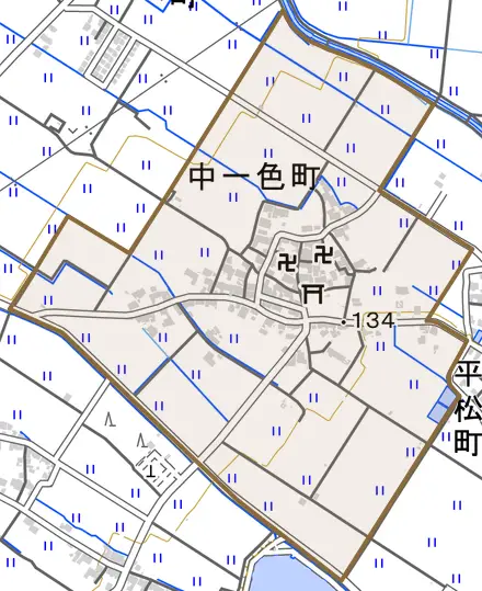 中一色町とその周辺の地図。町の範囲を重ねている