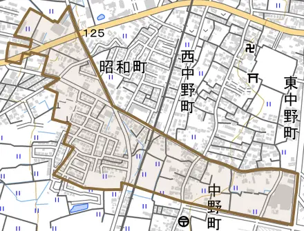 中野町とその周辺の地図。町の範囲を重ねている