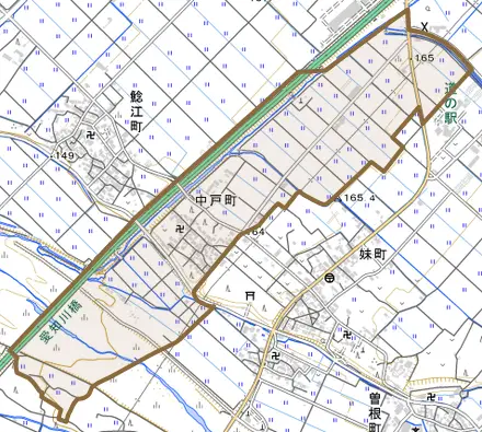 中戸町とその周辺の地図。町の範囲を重ねている