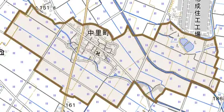 中里町とその周辺の地図。町の範囲を重ねている
