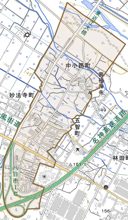 中小路町とその周辺の地図。町の範囲を重ねている