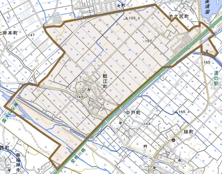 鯰江町とその周辺の地図。町の範囲を重ねている