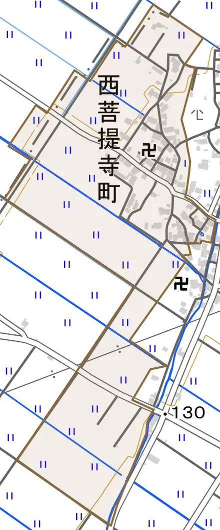 西菩提寺町とその周辺の地図。町の範囲を重ねている