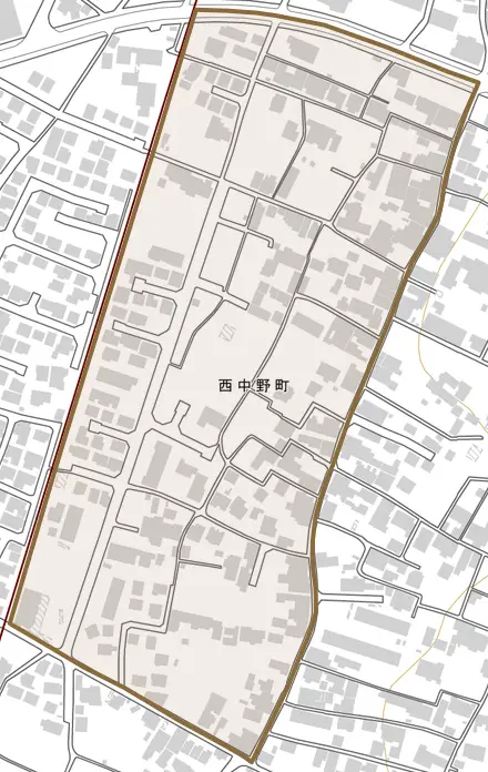 西中野町とその周辺の地図。町の範囲を重ねている