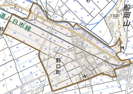 野口町とその周辺の地図。町の範囲を重ねている
