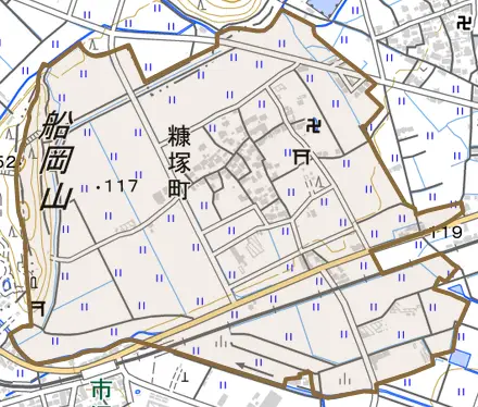 糠塚町とその周辺の地図。町の範囲を重ねている
