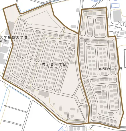 布引台とその周辺の地図。町の範囲を重ねている