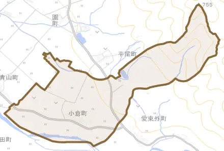 小倉町とその周辺の地図。町の範囲を重ねている