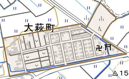 大萩町とその周辺の地図。町の範囲を重ねている