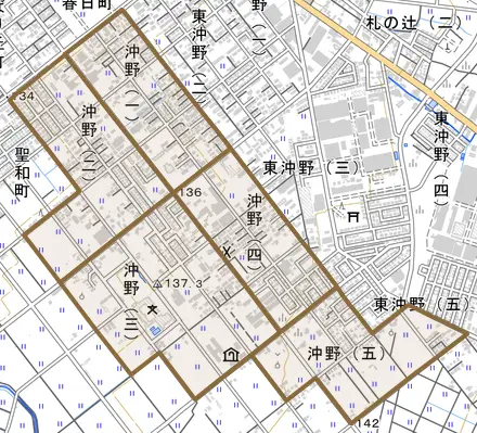 沖野とその周辺の地図。町の範囲を重ねている