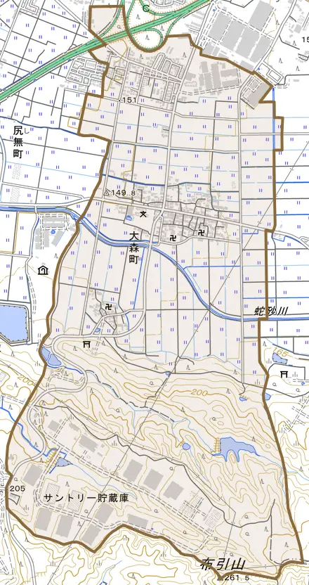 大森町とその周辺の地図。町の範囲を重ねている