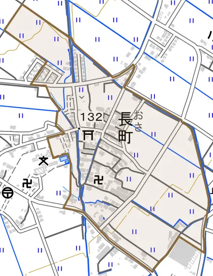 長町とその周辺の地図。町の範囲を重ねている