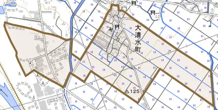 大清水町とその周辺の地図。町の範囲を重ねている
