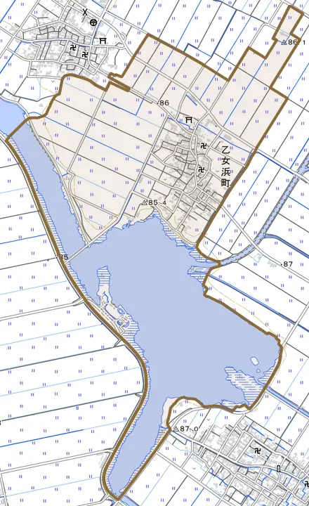 乙女浜町とその周辺の地図。町の範囲を重ねている