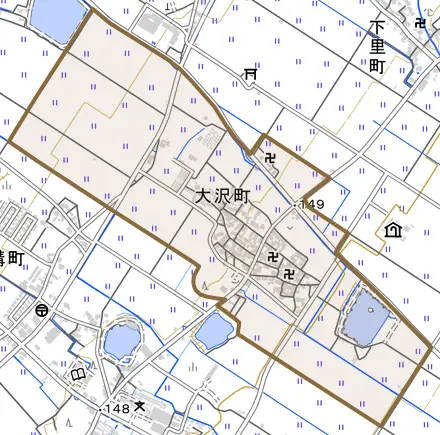 大沢町とその周辺の地図。町の範囲を重ねている
