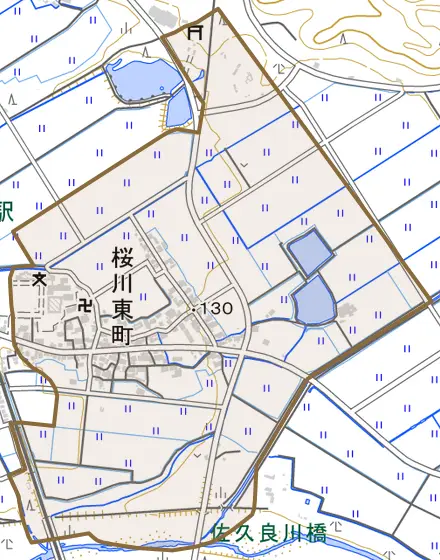 桜川東町とその周辺の地図。町の範囲を重ねている