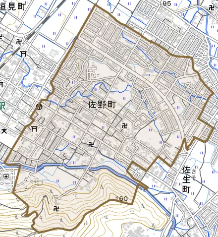佐野町とその周辺の地図。町の範囲を重ねている