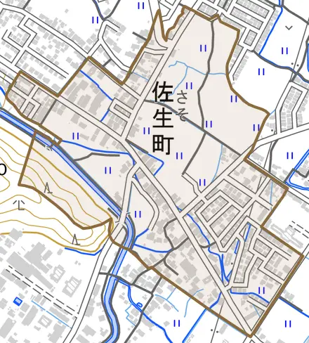 佐生町とその周辺の地図。町の範囲を重ねている