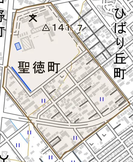 聖徳町とその周辺の地図。町の範囲を重ねている