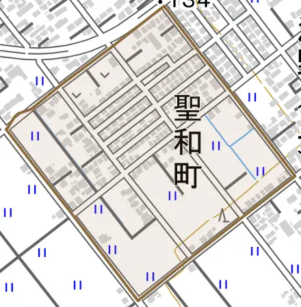 聖和町とその周辺の地図。町の範囲を重ねている