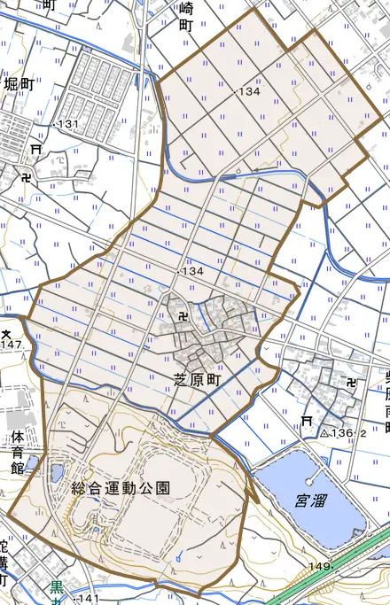 芝原町とその周辺の地図。町の範囲を重ねている