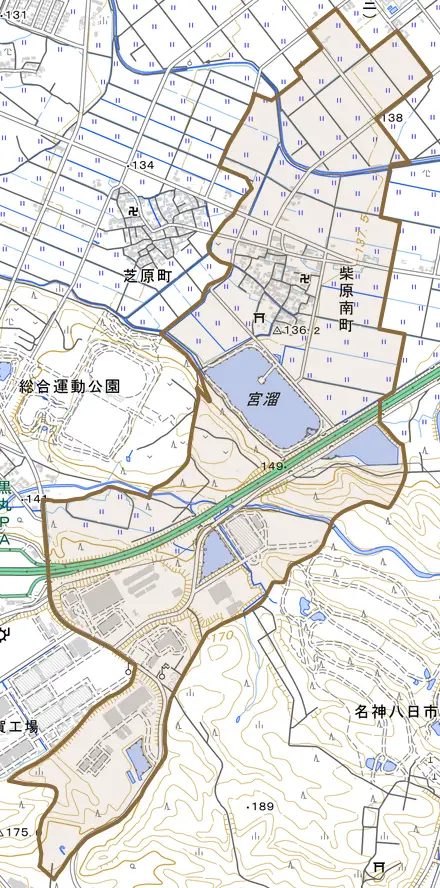 柴原南町とその周辺の地図。町の範囲を重ねている