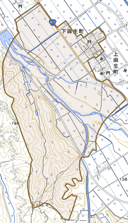 下麻生町とその周辺の地図。町の範囲を重ねている