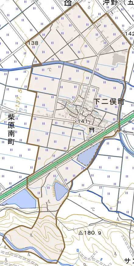 下二俣町とその周辺の地図。町の範囲を重ねている