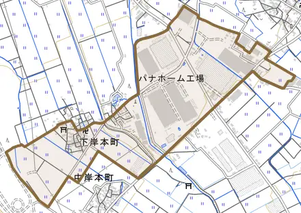 下岸本町とその周辺の地図。町の範囲を重ねている