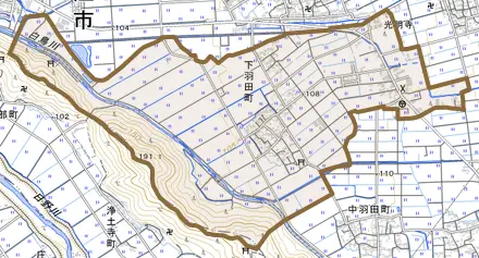 下羽田町とその周辺の地図。町の範囲を重ねている