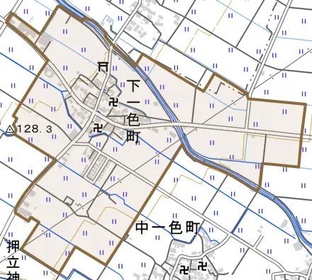 下一色町とその周辺の地図。町の範囲を重ねている