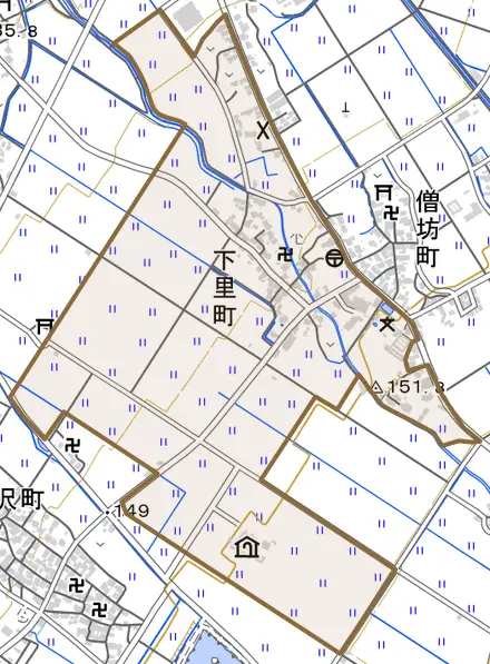 下里町とその周辺の地図。町の範囲を重ねている